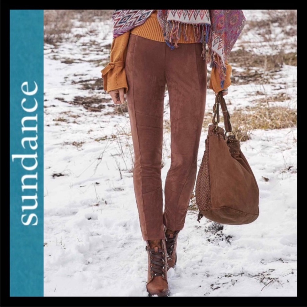 Sundance Lux Dream Faux Suede Leggings Brown Ankle Zip Moto Cognac Size 8.